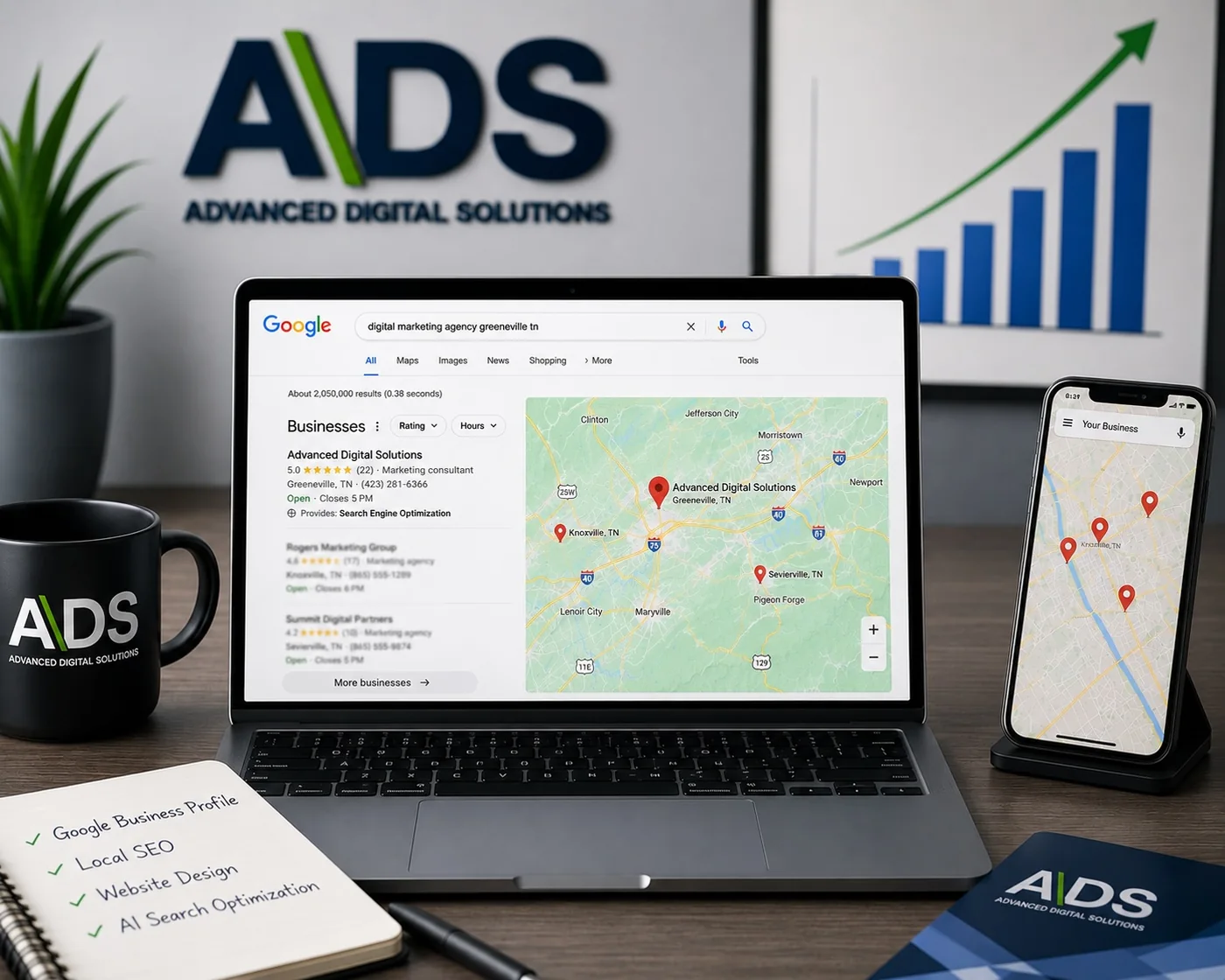 Advanced Digital Solutions local SEO workspace showing Google search and service-area visibility